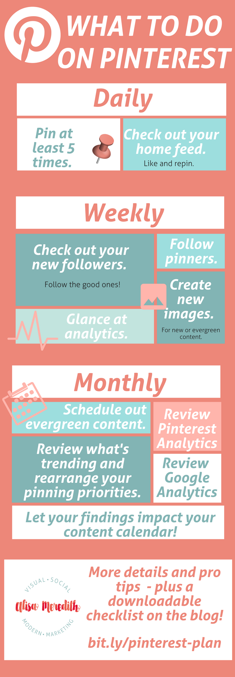 Exactly what to do on Pinterest daily, weekly, and monthly for ultimate Pinterest marketing success! via @alisammeredith