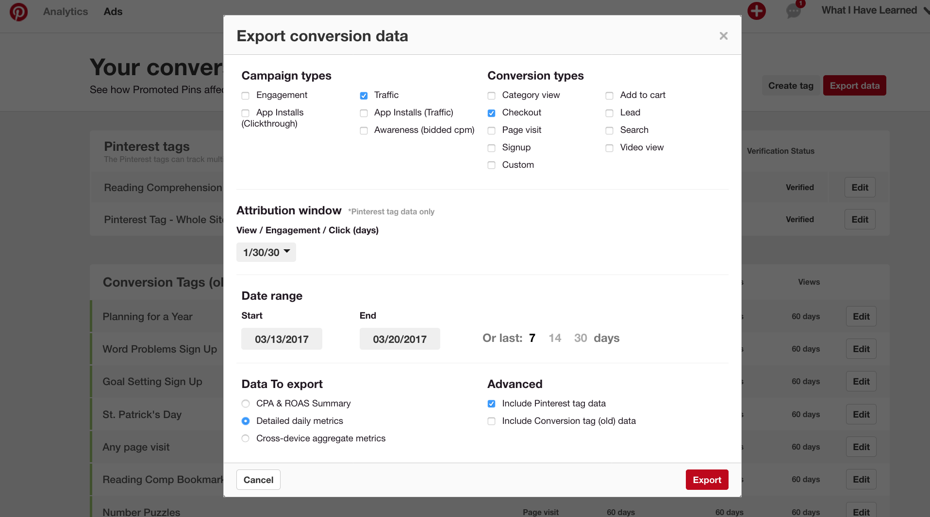 Export Pinterest Conversion Data