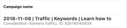 Showing a Pinterest campaign and the ID number below
