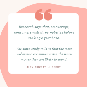 Research says that, on average, consumers visit three websites before making a purchase. The same study tells us that the more websites a consumer visits, the more money they are likely to spend.